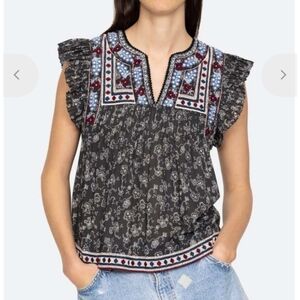 Sea New York Embroidered Cotton Everly Blouse, Grey Floral XXS